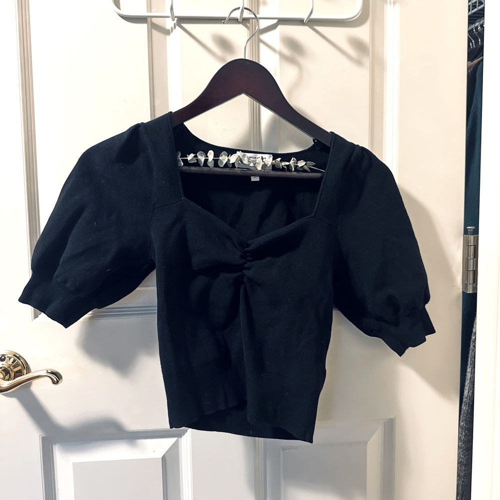& Other Stories Short Sleeve Sweetheart Neckline Twist Front Black Blouse